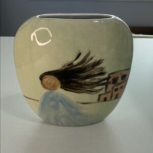 Vintage Signed Artistic Ceramic Unique Shape Vase with Figure Flowing Hair